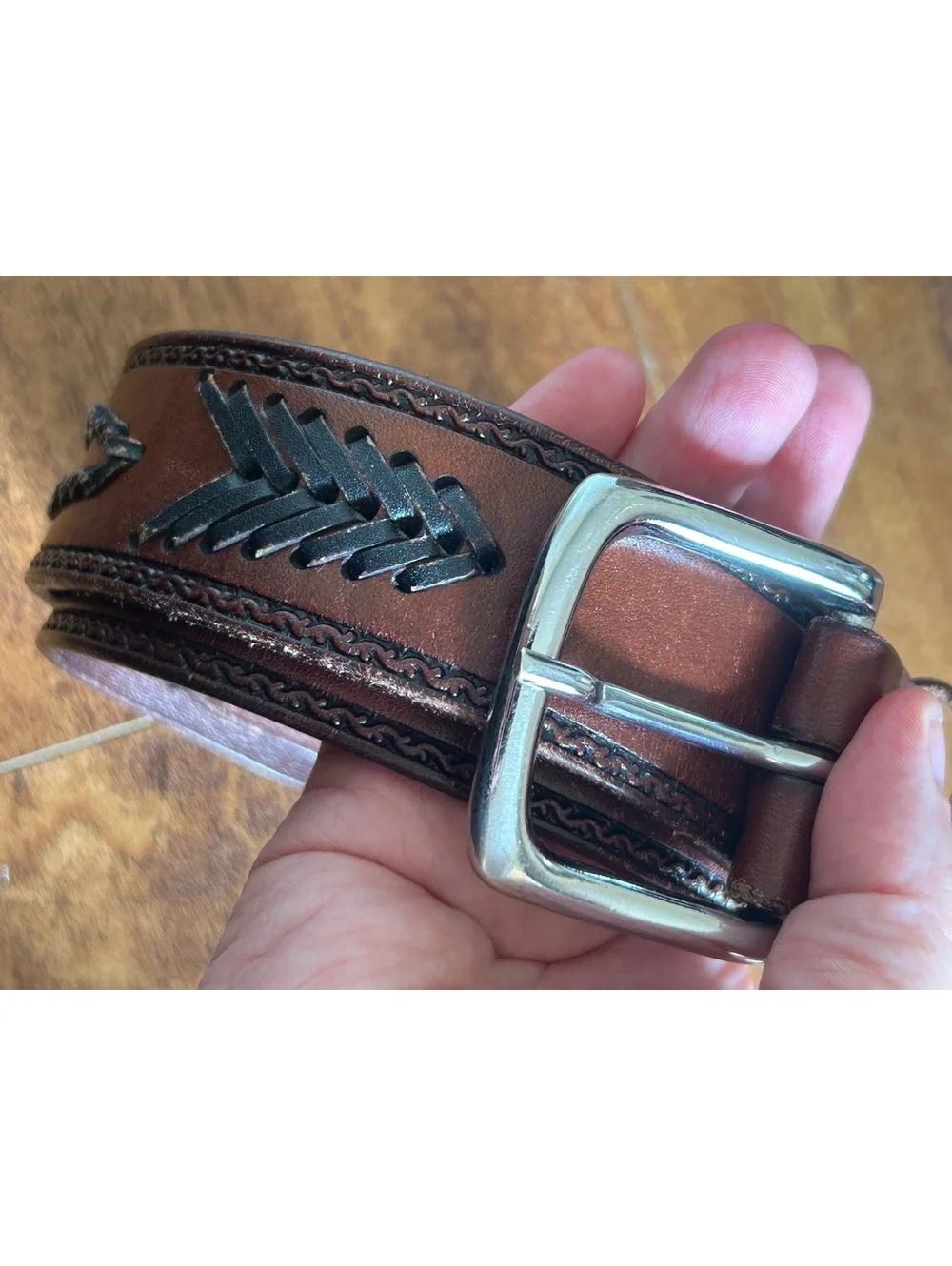 Brown Genuine Leather Belt with Black Embossed Arrow Design Size 44